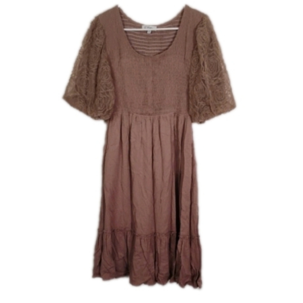Polagram Brown Midi Dress Size Medium Lace Sleeve Detail Elegant Casual Style